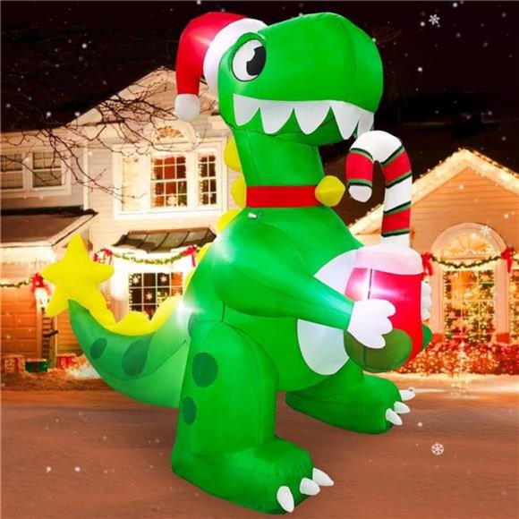 FT Christmas Inflatables Dinosaur with Candy Cane Xmas Stocking